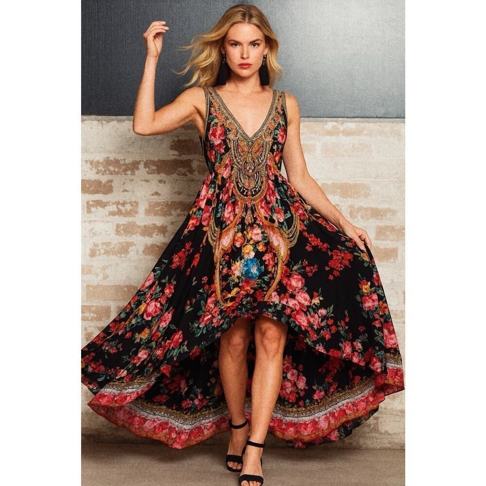 NWT Czarina Crystal Embellished Silk Boho Hi-Low Floral Maxi Dress S